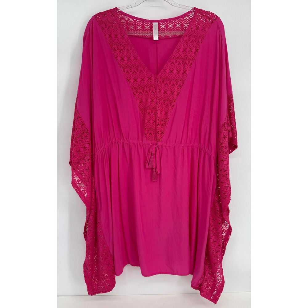 Swim by Cacique Pink Crochet Lace Kaftan Swim Cover Up Plus Sz 18/20 Tassels